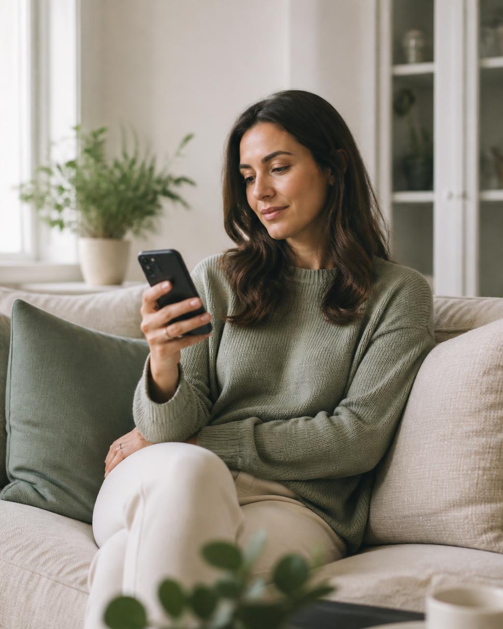 Woman reviewing her Alevoa care plan on a smartphone at home