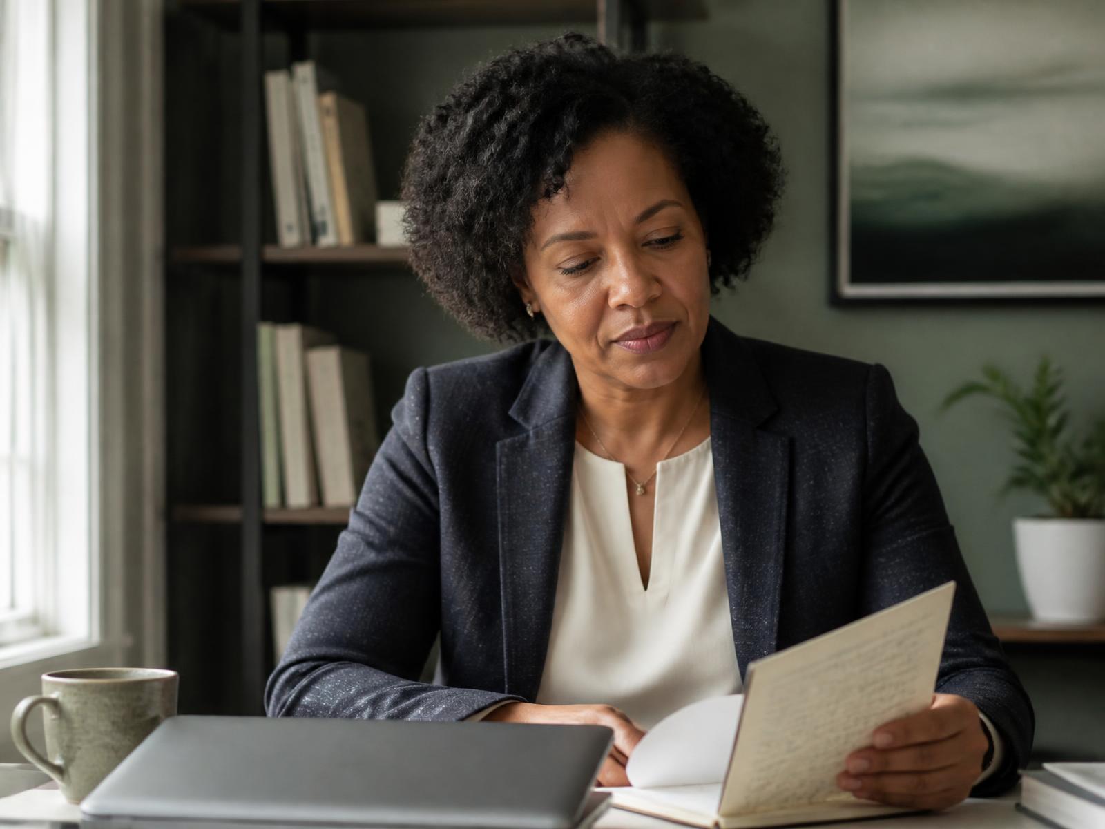 A healthcare professional reviewing notes beside a laptop